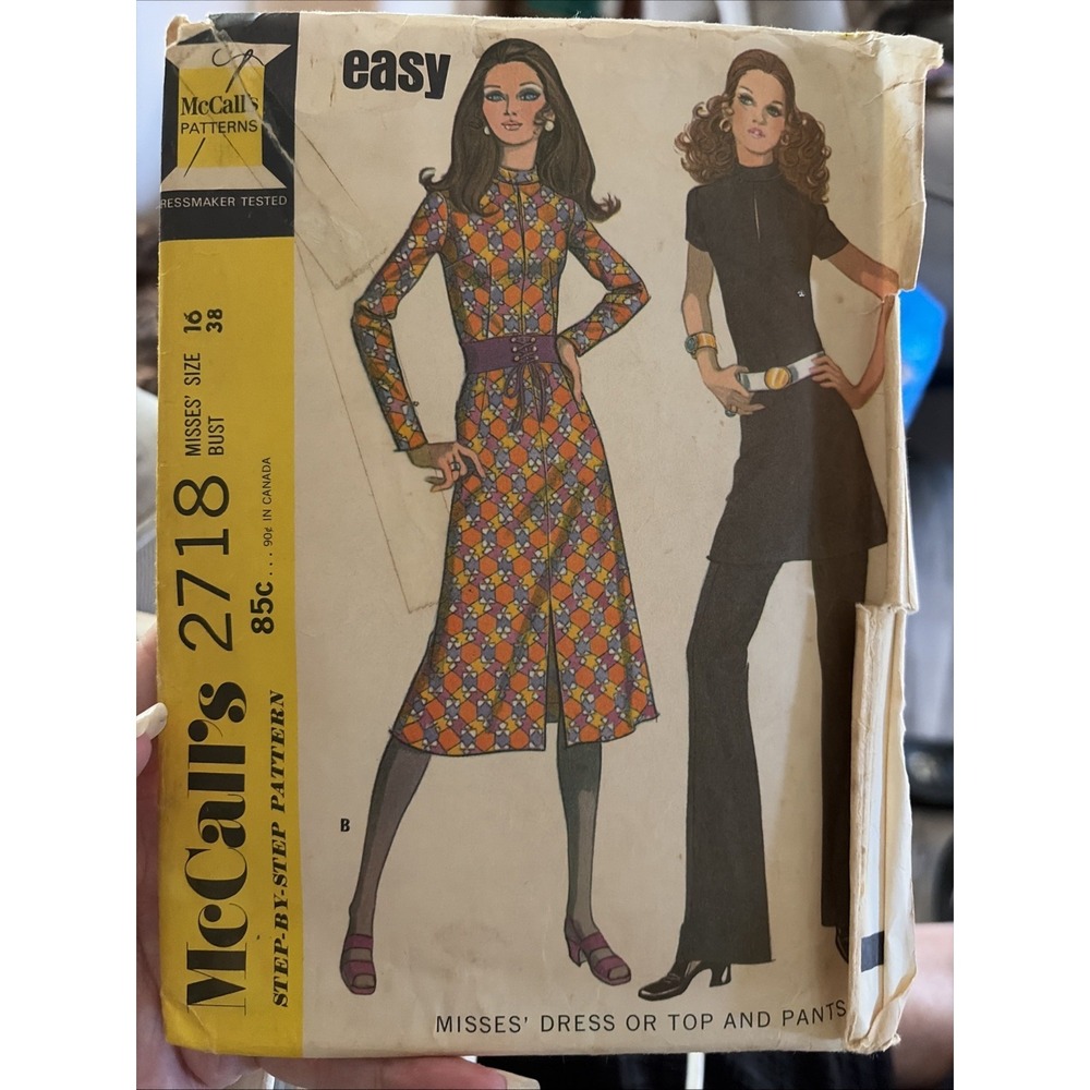 Vintage McCalls 2718 Sewing Pattern 1970s Dress Top Pants Size 16 Bust 38 Cut